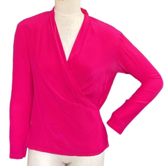 Ellen Tracy Silk Button Back Surplice Faux Wrap Blouse Sz 6 Pink 92Y - Picture 1 of 8
